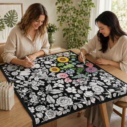 Two adults coloring flowers together at a table