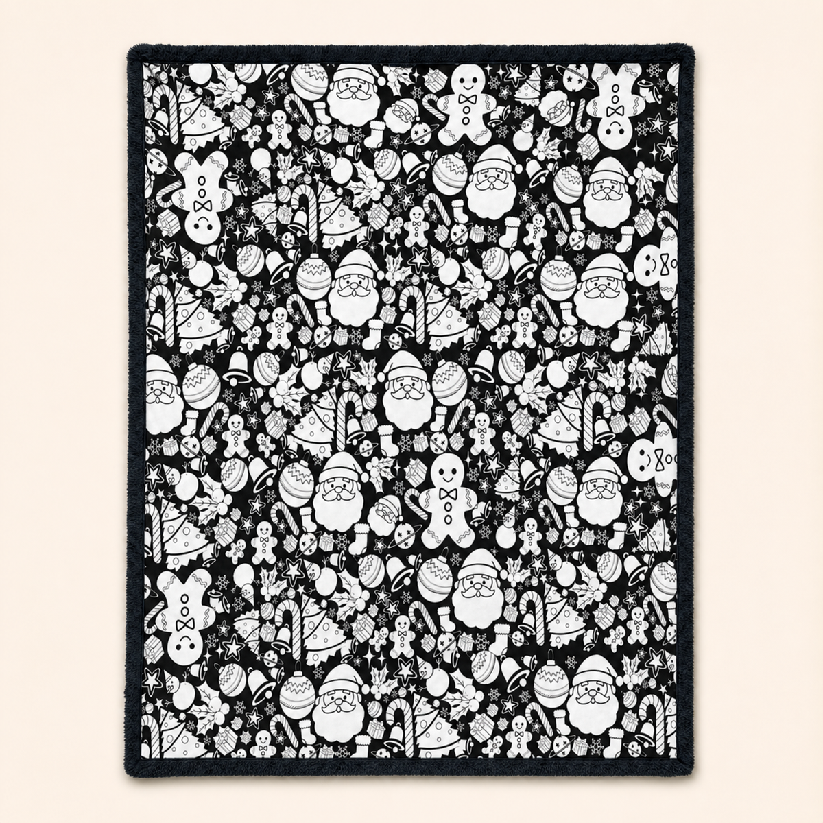 Christmas doodle coloring blanket with black edging on an ivory background