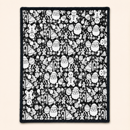 Christmas doodle coloring blanket with black edging on an ivory background