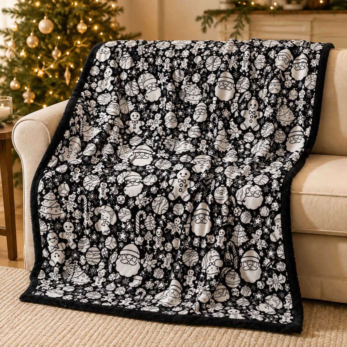 Illustrative styling scene: black-and-white Christmas blanket on a cream sofa