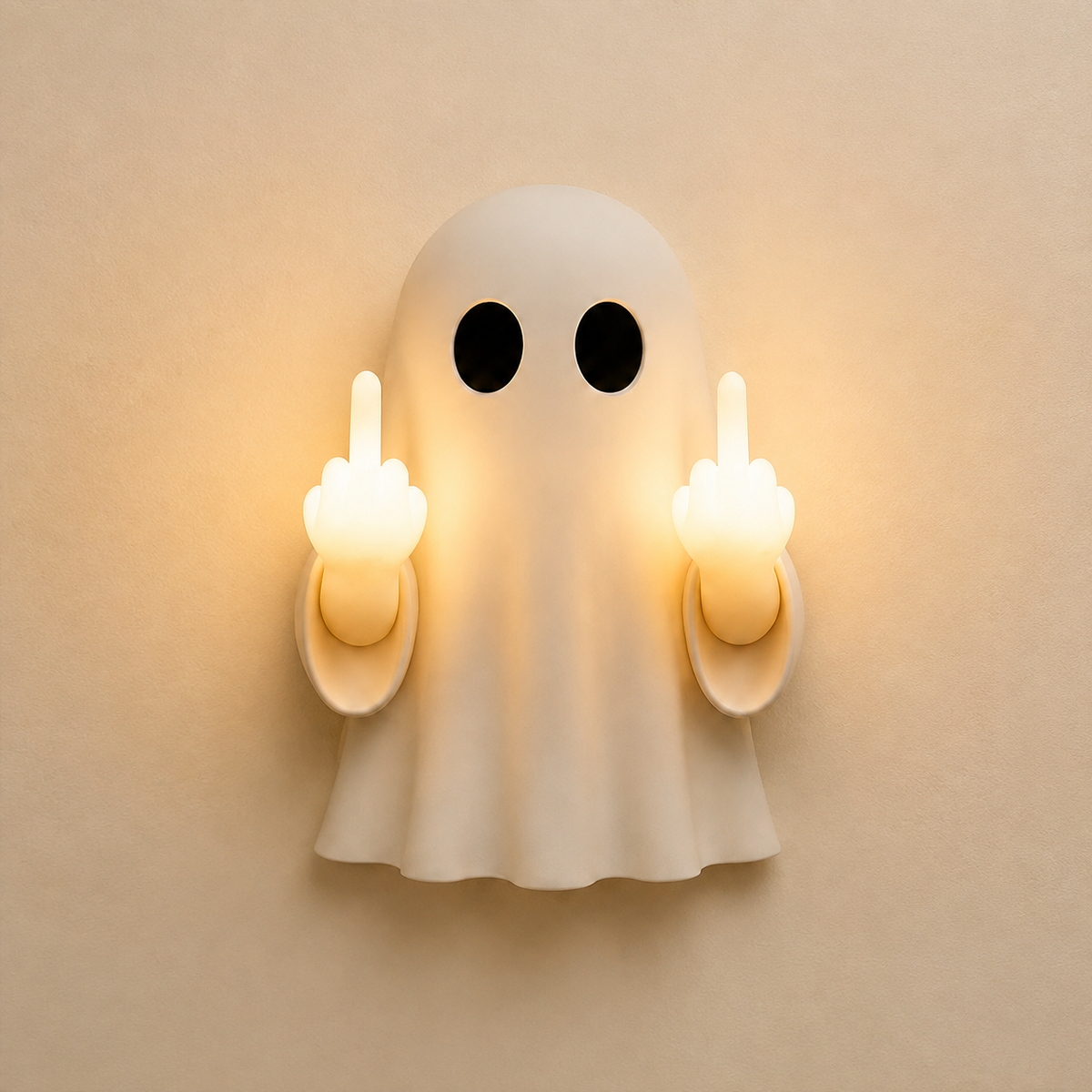 Cream ghost wall light with two glowing raised middle fingers on an ivory wall