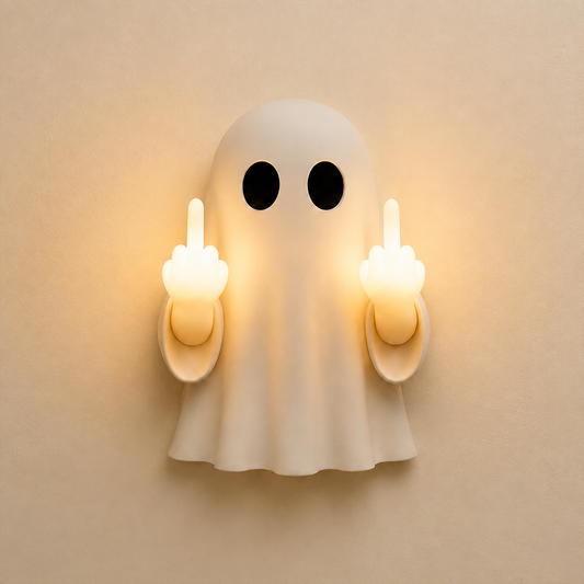 Cream ghost wall light with two glowing raised middle fingers on an ivory wall