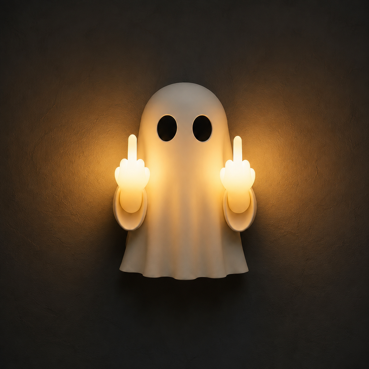 Ghost wall light with warm amber hand glow against a dark wall