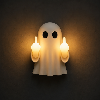 Ghost wall light with warm amber hand glow against a dark wall