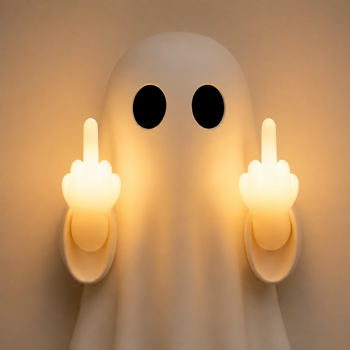 Close-up of black oval eyes and glowing hands on the ghost wall light