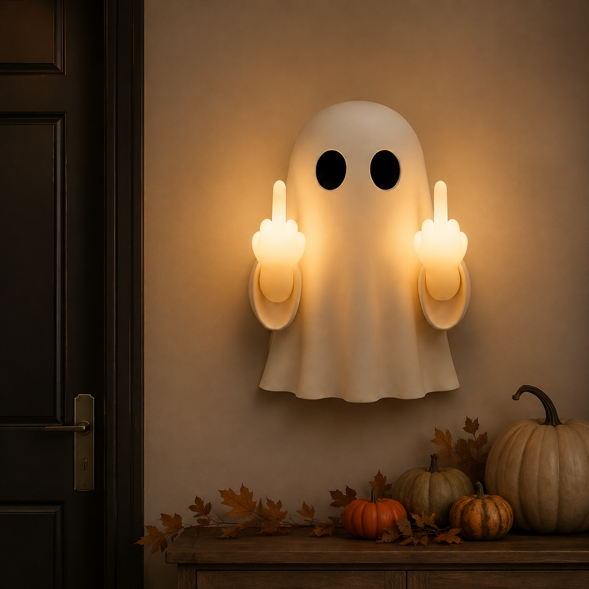 Ghost wall light in a styled indoor autumn entryway