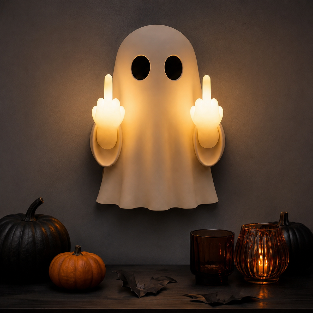 Ghost wall light styled with pumpkins and amber glass for Halloween
