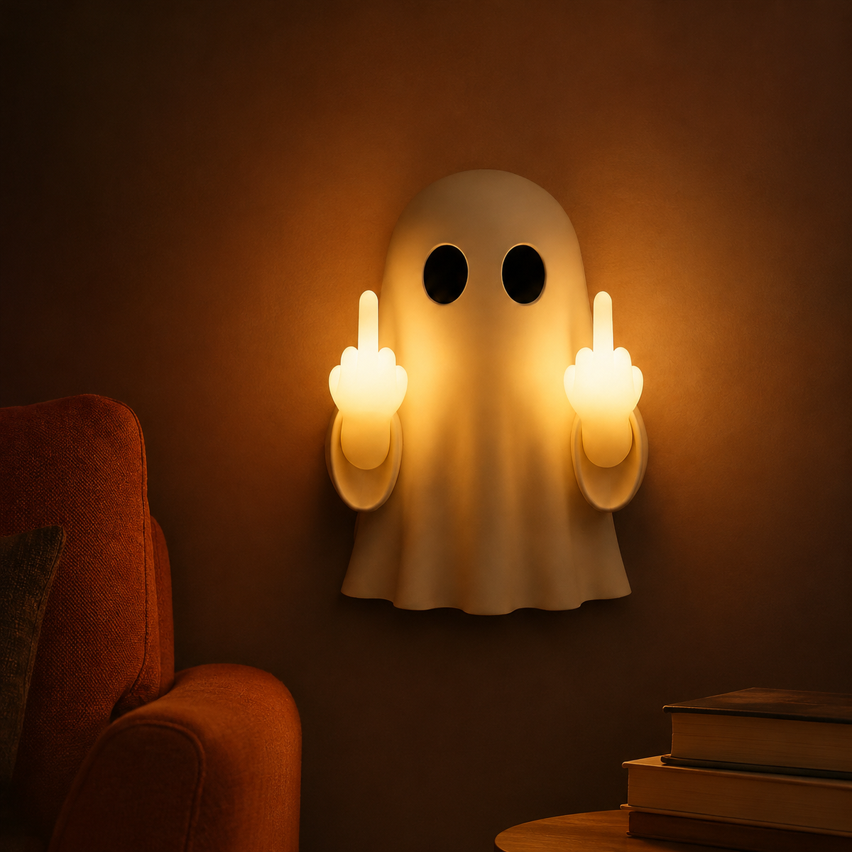 Ghost wall light beside an orange armchair in a styled living room