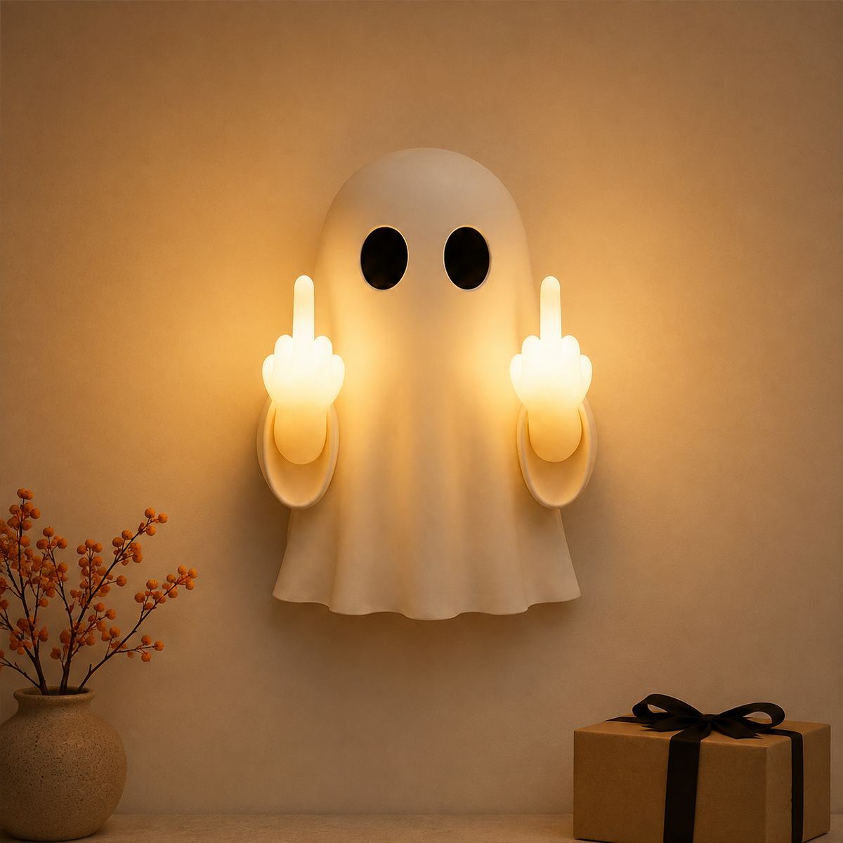 Ghost wall light with gift styling props; box and decorations not included