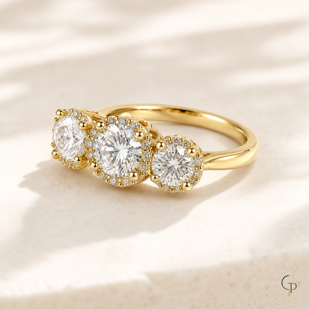 Side profile of the raised three-stone ring setting