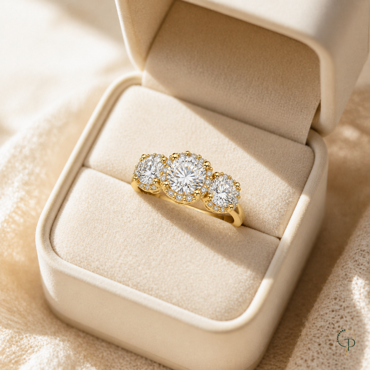 Three-stone halo ring displayed in an unbranded ivory box