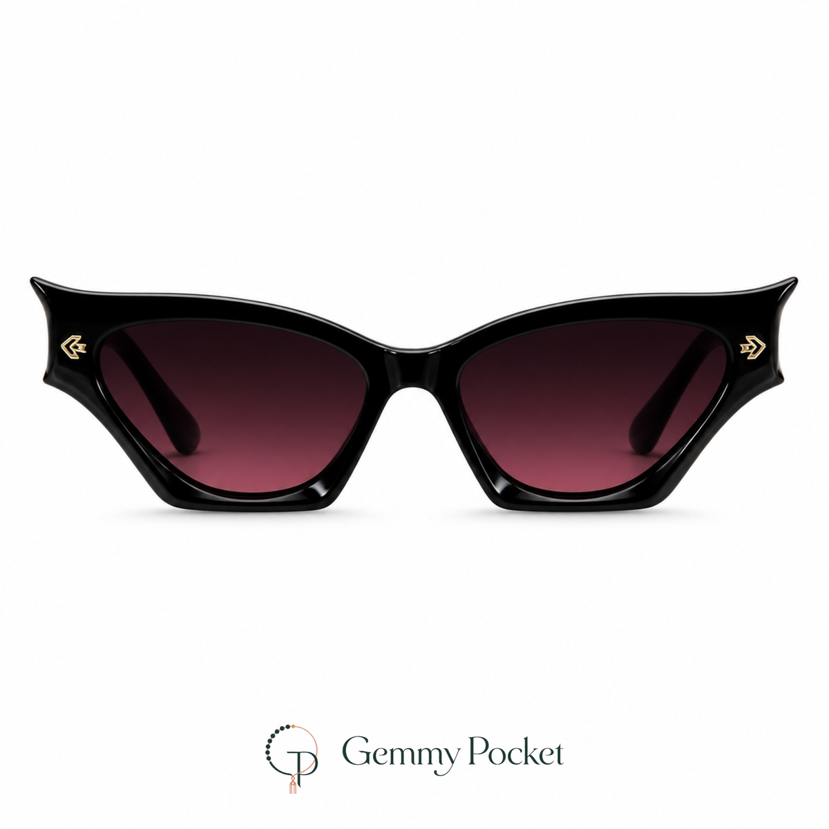Halloween black cat-eye sunglasses with dark burgundy-gradient lenses on a white studio background