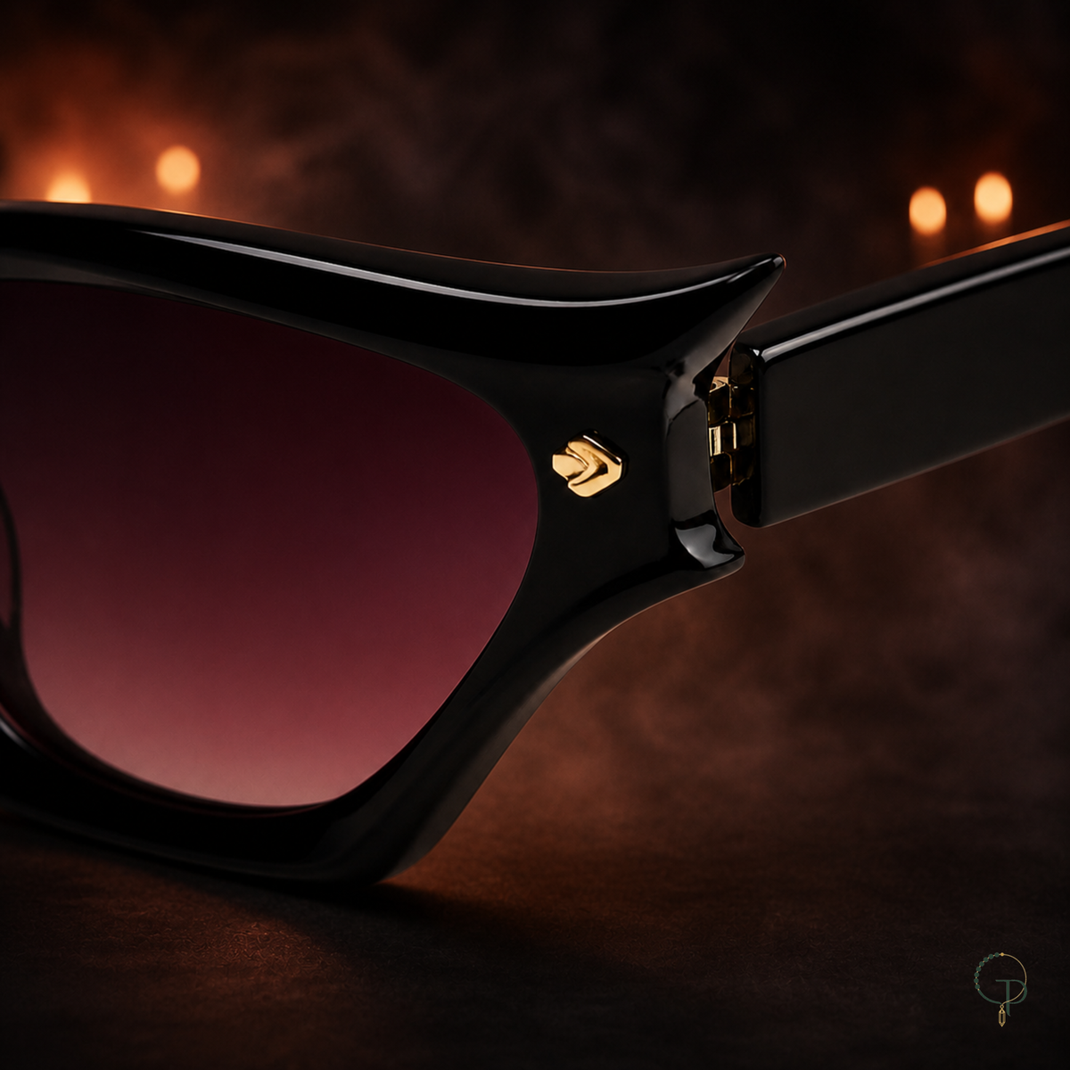 Close detail of the pointed black frame and gold-tone accent in amber Halloween light