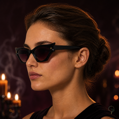 Halloween black cat-eye sunglasses worn in a dark plum evening editorial setting