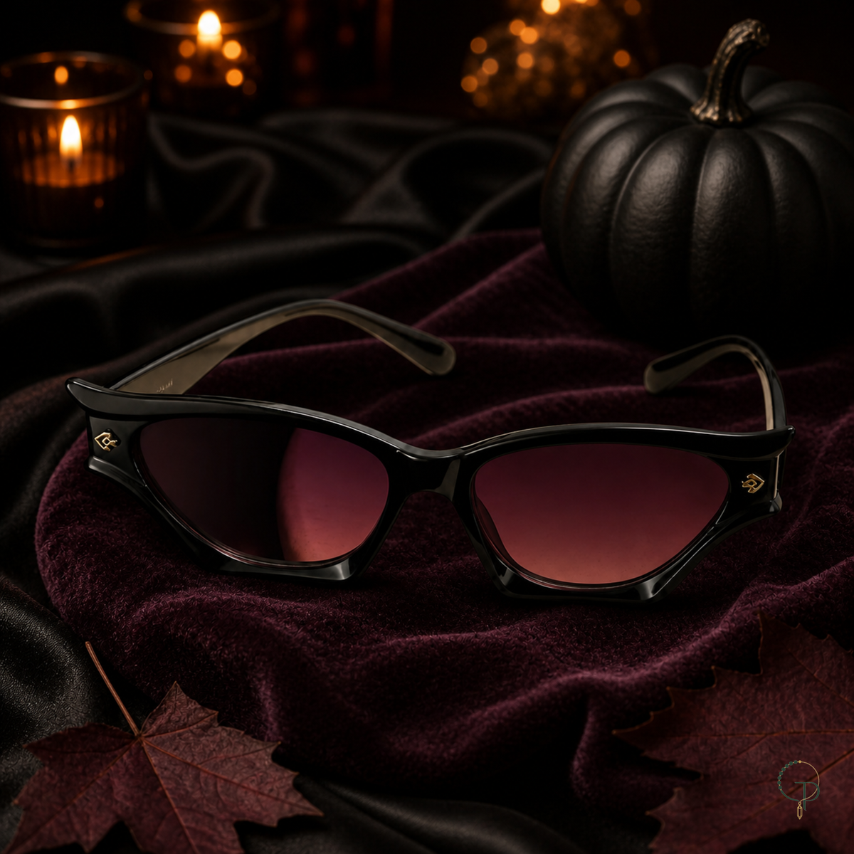 Halloween black cat-eye sunglasses on black satin with candlelight and a dark decorative pumpkin