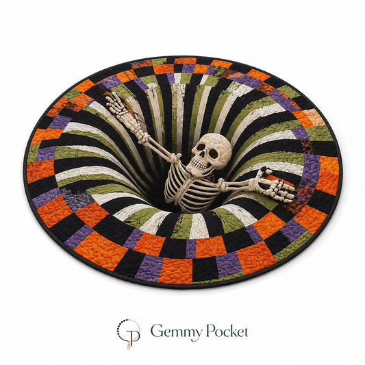 Halloween skeleton optical illusion round rug with orange and purple checker border on white