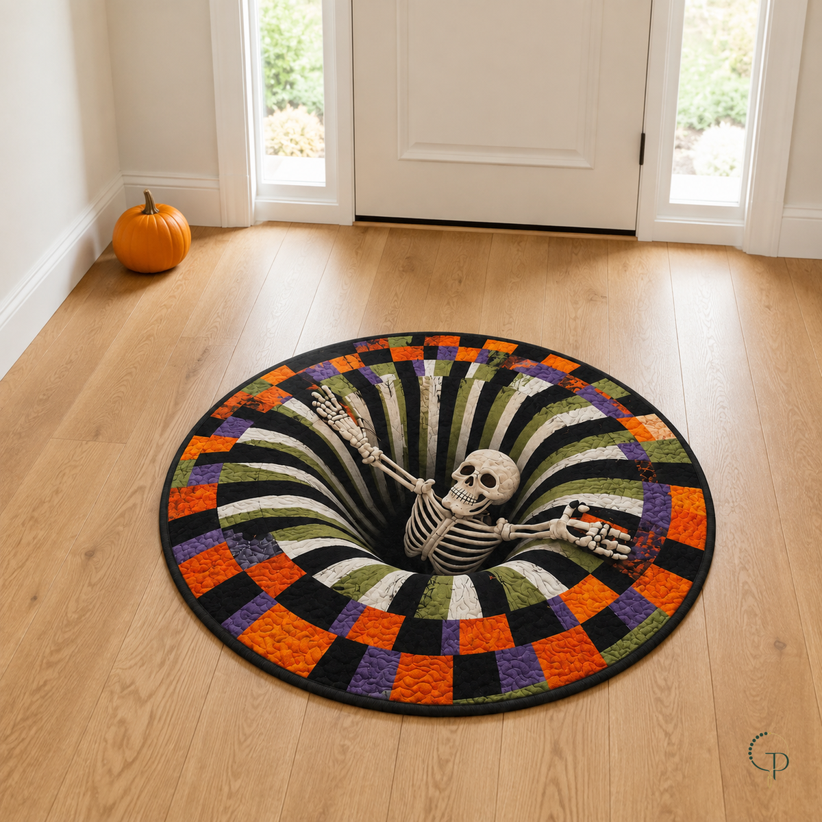 Flat skeleton pit-illusion rug styled on a wood floor in a bright Halloween entryway