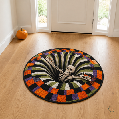 Flat skeleton pit-illusion rug styled on a wood floor in a bright Halloween entryway