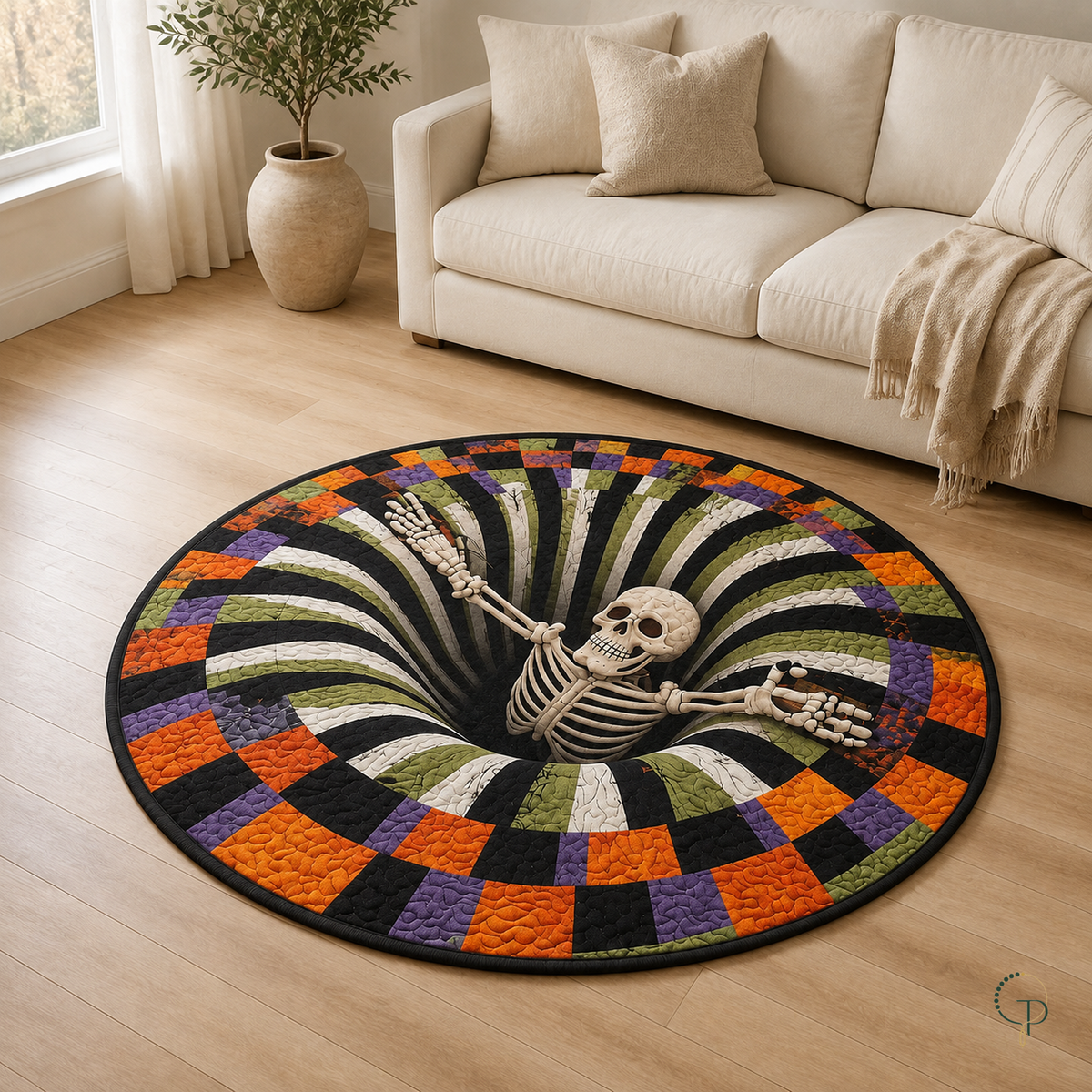 Round Halloween skeleton print rug in a neutral living room beside a cream sofa
