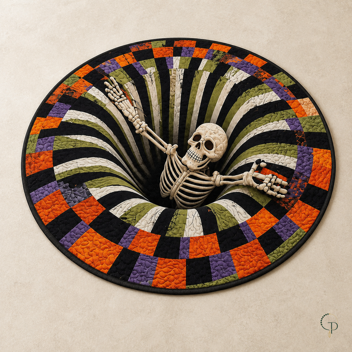 Overhead view of the skeleton graphic, black white and green radial print, and circular checker border