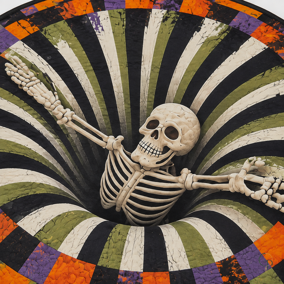 Close view of the printed skeleton skull and outstretched arms within the optical illusion design