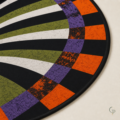 Detail of the orange purple and black checker print and dark outer edge of the round rug