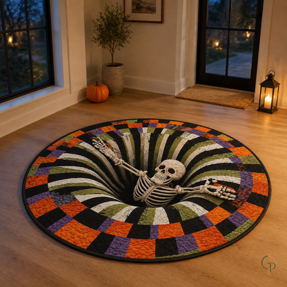 Halloween skeleton illusion rug styled in a warm evening room with seasonal decorations