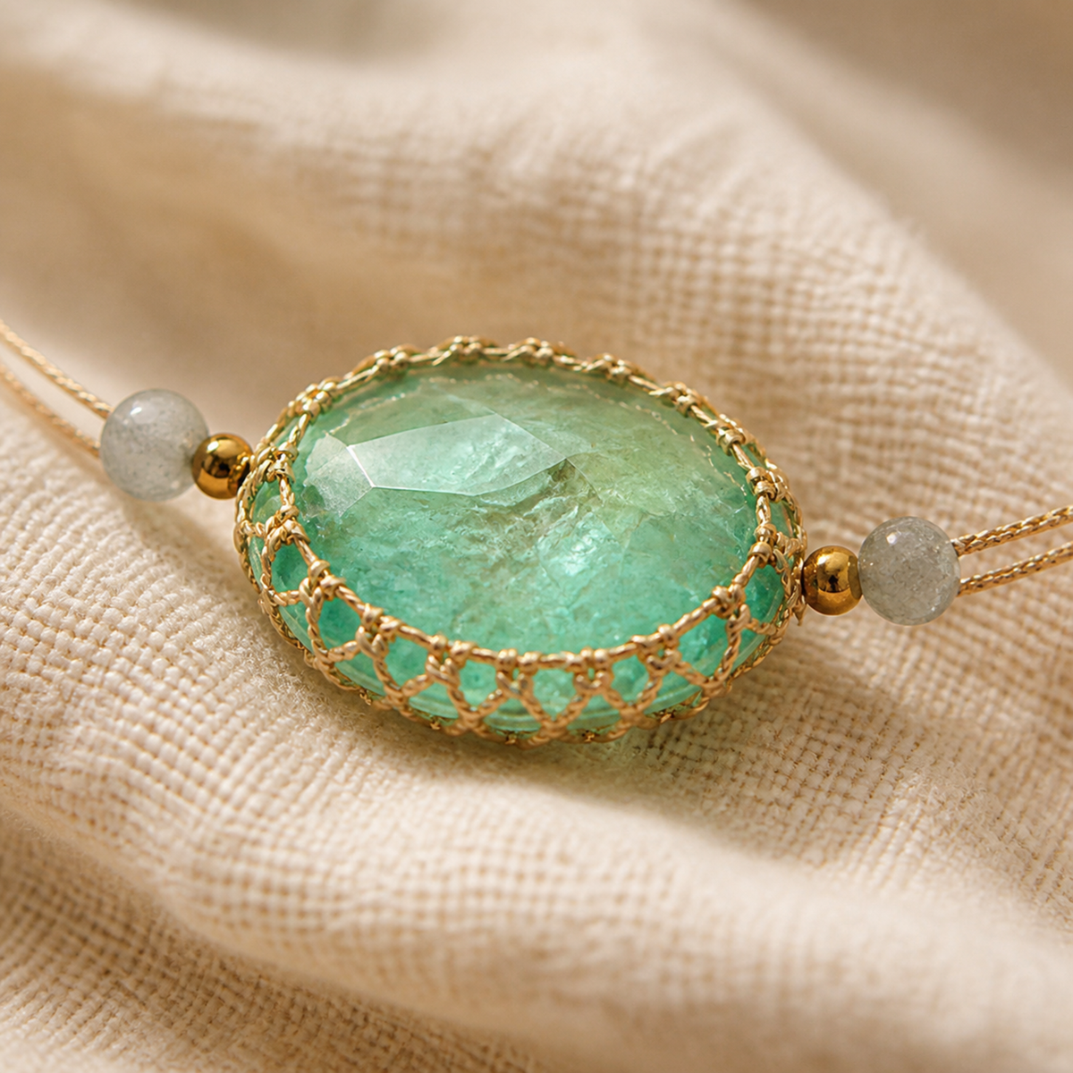 Close view of the faceted aqua center and gold-color openwork frame