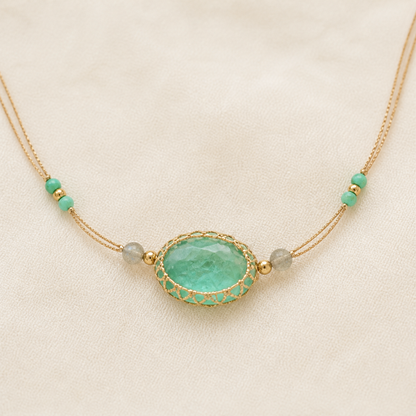 Full double-cord aqua stone bracelet laid flat on ivory linen