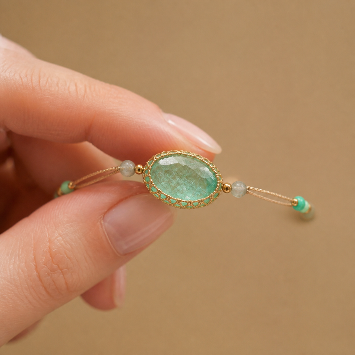 Hand holding the oval aqua stone bracelet for visual scale