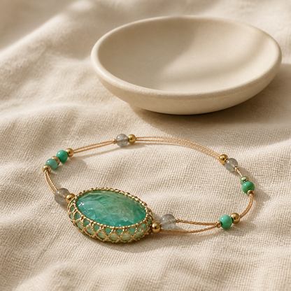 Aqua stone braided bracelet beside an ivory ceramic dish