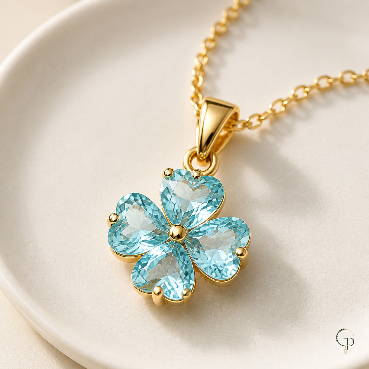 Macro view of the aqua heart-cut clover pendant and gold-color bail on an ivory dish