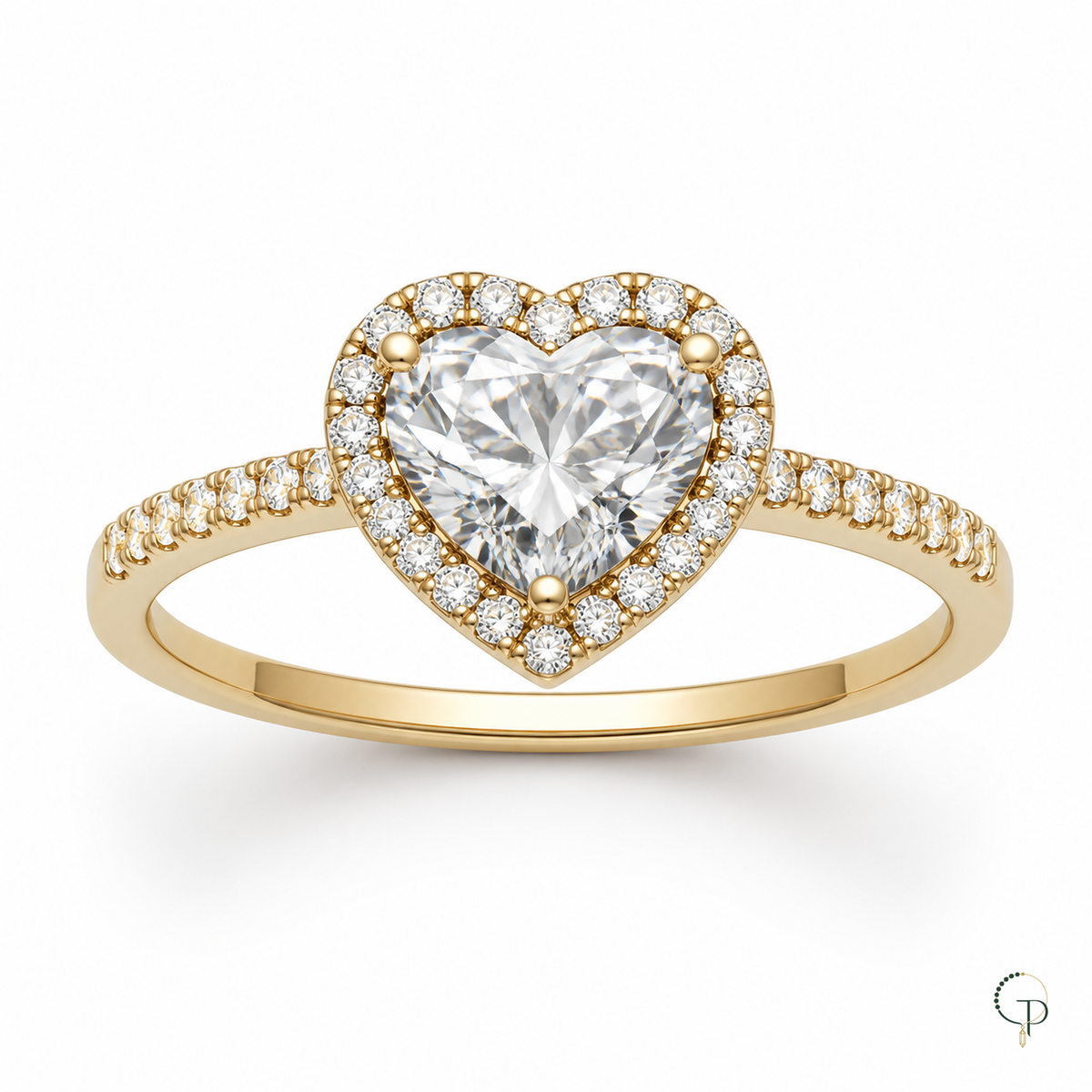 Front detail of a clear heart-cut halo ring on white