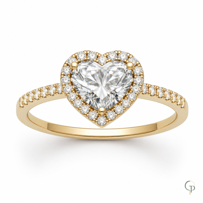 Front detail of a clear heart-cut halo ring on white