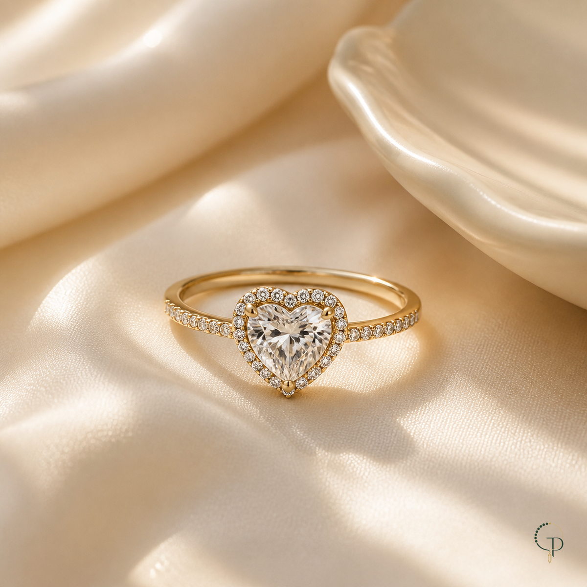 Gold-color heart halo ring styled on ivory silk