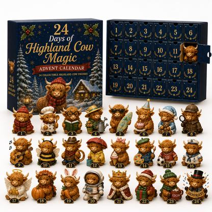 Complete Highland Cow Advent calendar with 24 character figures and numbered box