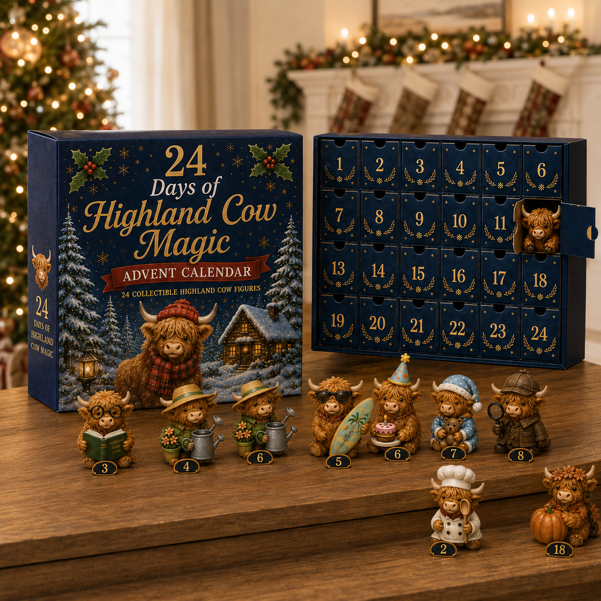 Highland Cow Advent calendar displayed on a festive Christmas table