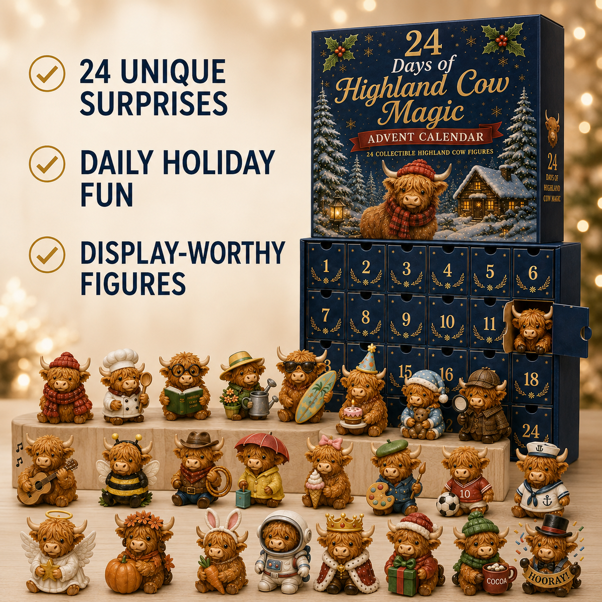 Highland Cow calendar features showing daily surprises and collectible figures