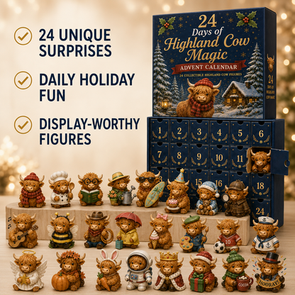 Highland Cow calendar features showing daily surprises and collectible figures