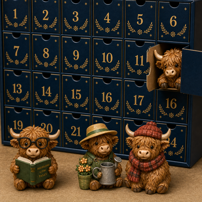 Close-up of Highland Cow character figures beside the numbered calendar