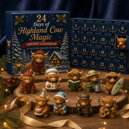 Highland Cow figures arranged in a festive holiday scene