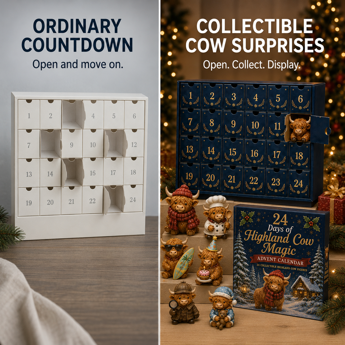 Comparison graphic showing a Highland Cow figure countdown and an ordinary countdown