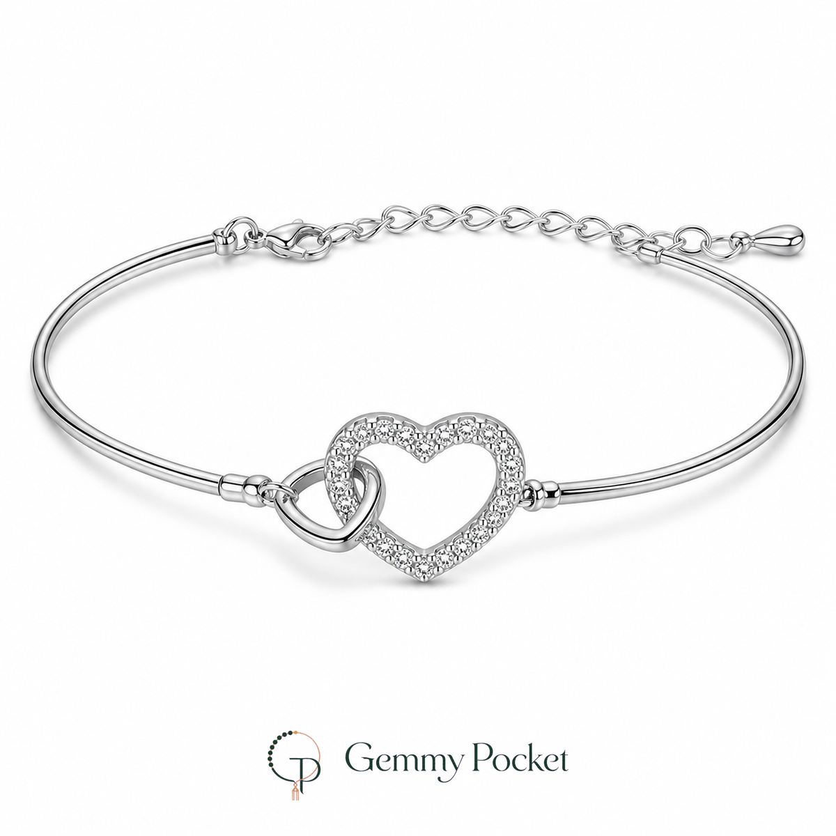 Silver-color interlocking double-heart bracelet on a seamless white studio background