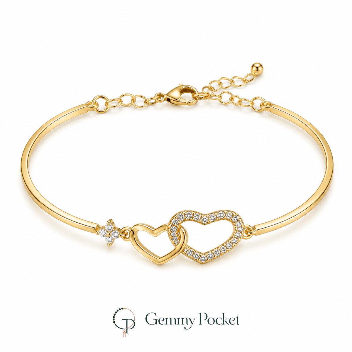 Gold-color bracelet with smooth and clear pavé-style interlocking hearts on white