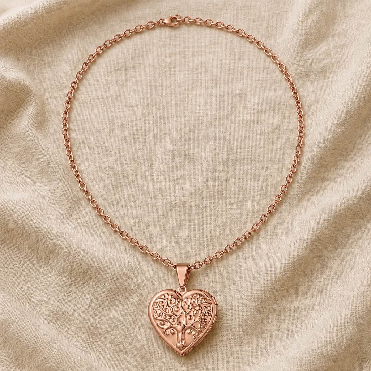 Copper tree of life heart locket necklace on warm ivory linen