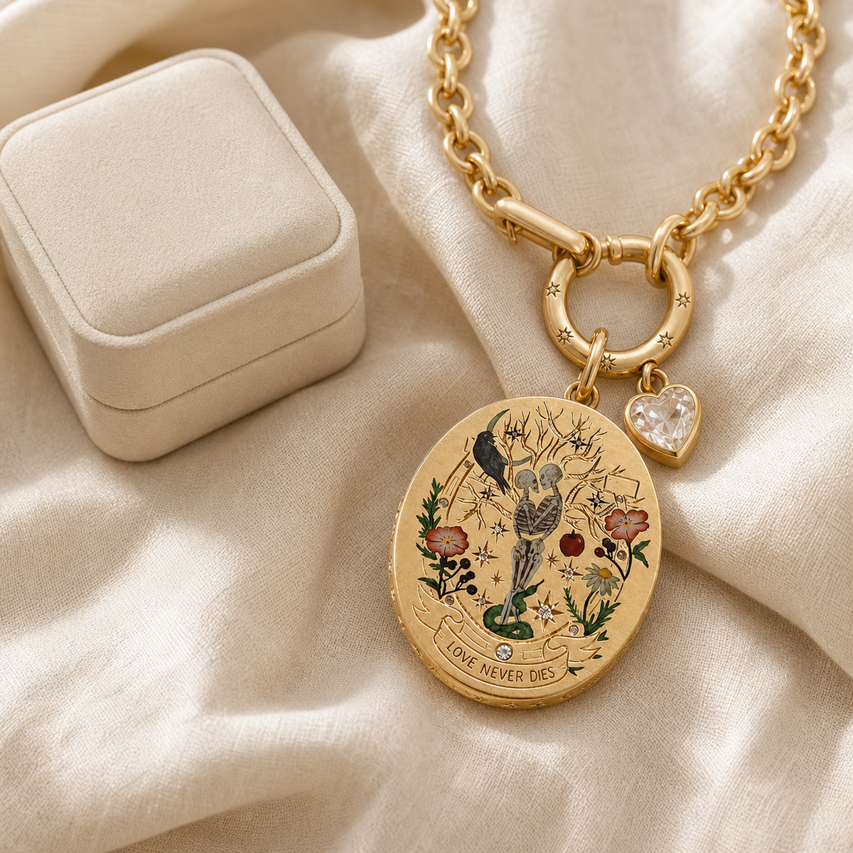 Love Never Dies medallion necklace styled in a quiet ivory jewelry atelier scene