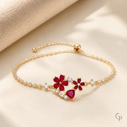 Red floral crystal tennis bracelet on warm ivory linen | PureNoi