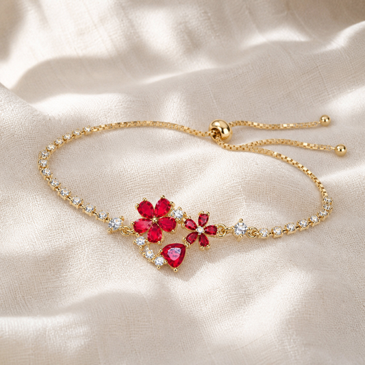 Red floral crystal tennis bracelet with gold-color adjustable slider chain