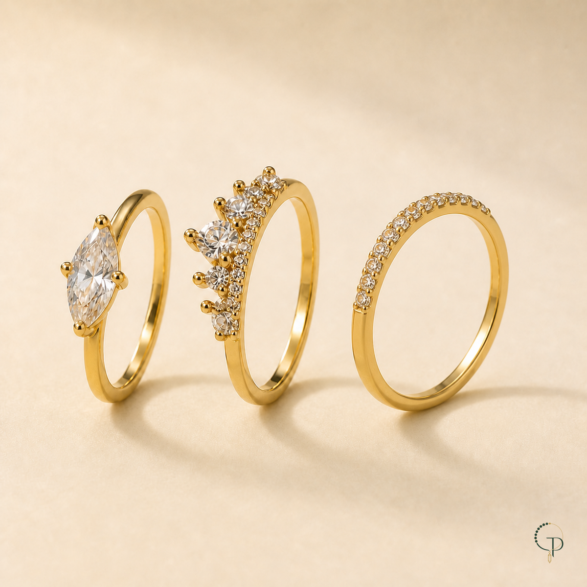 Side profile of all three separate complete gold-color ring components