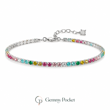 Multicolor round-stone tennis bracelet on a pure white studio background